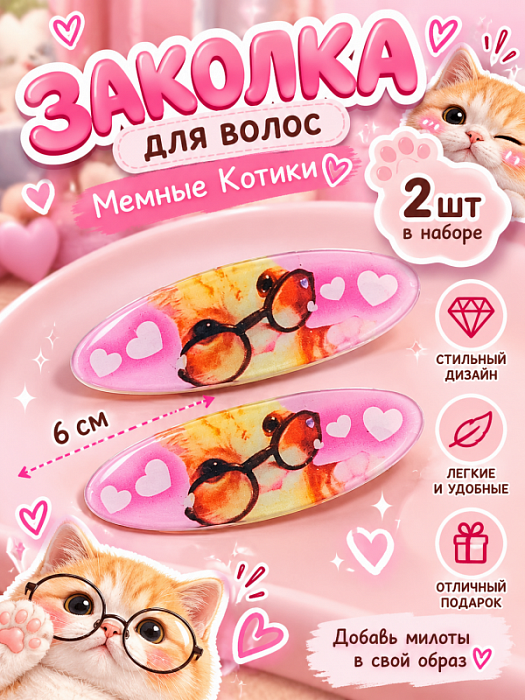 Заколка для волос Мемные Котики (Заколки для волос Котик в очках 2 шт)